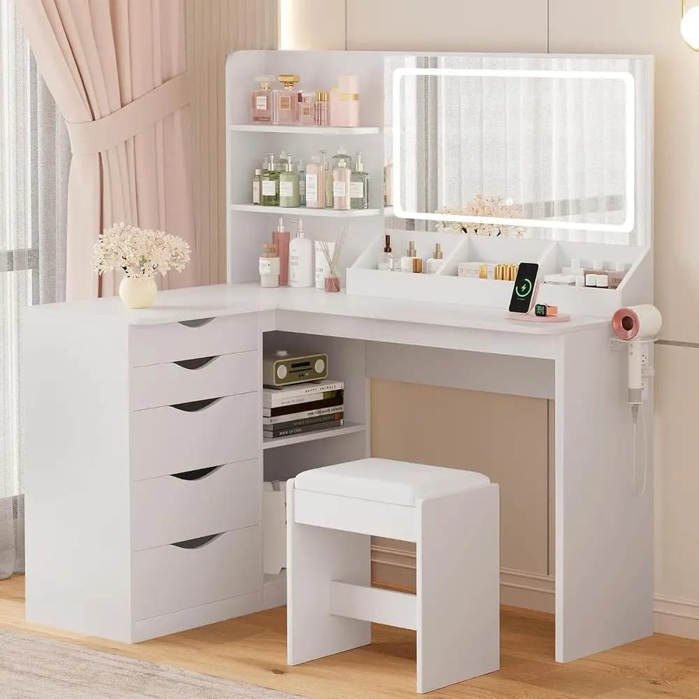 YESHOMY Vanity Desk with Lights and Mirror, L Shaped Makeup Table, with Hairdryer Holder and ast Charging, Adjustable 3 Lighting
