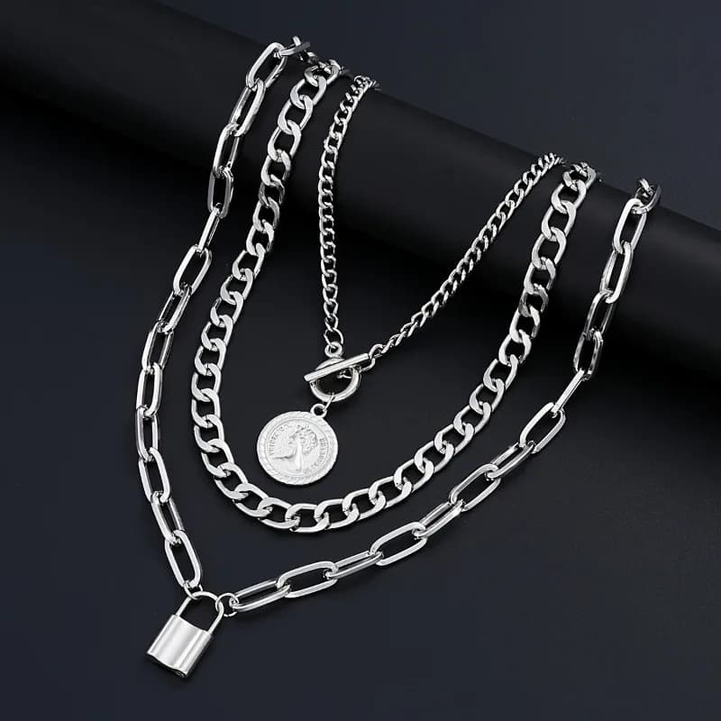 Collane multistrato con ciondolo a moneta per uomo e donna, stile punk, colore argento, collana a catena in metallo impilabile con chiusura a lucchetto, gioielli alla moda per feste