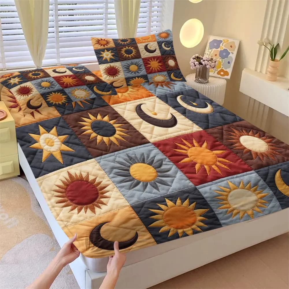 Celestial Sun and Moon Print Bedding Set Fitted Sheet Set Soft Microfiber Bed Sheets Set for Bedroom Boho Home Decor All Season