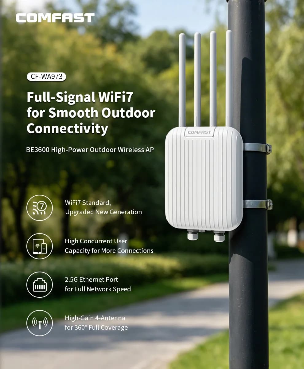 COMFAST WiFi 7 Outdoor AP 3600M High Power Wireless Access Point 2.4+ 5.8GHz dual band 2.5G Port 4 Antenna Weatherproof Extender