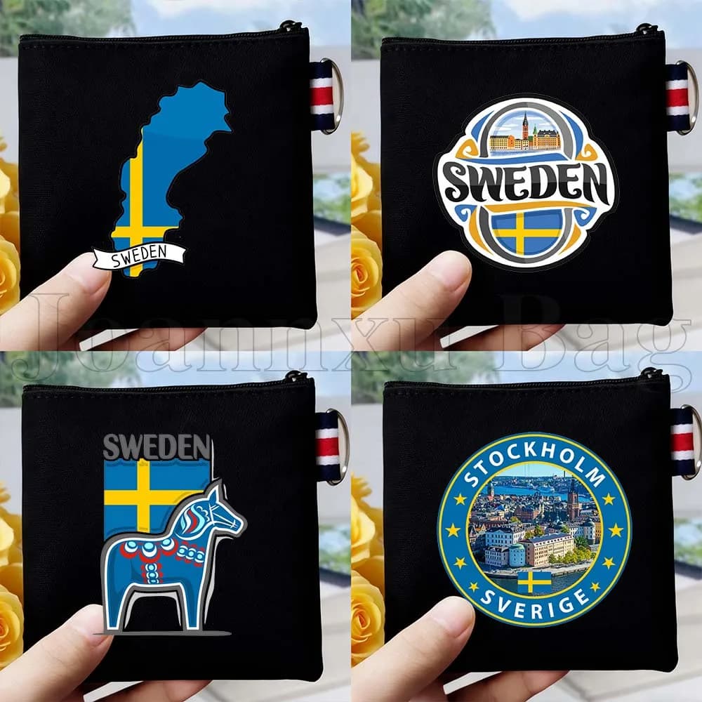 Stock Exchange in Tela with Flag and Map of Stockholm, Sweden, Souvenir with Monuments, Swedish Gift, Keychain Square, Carte, Wallet