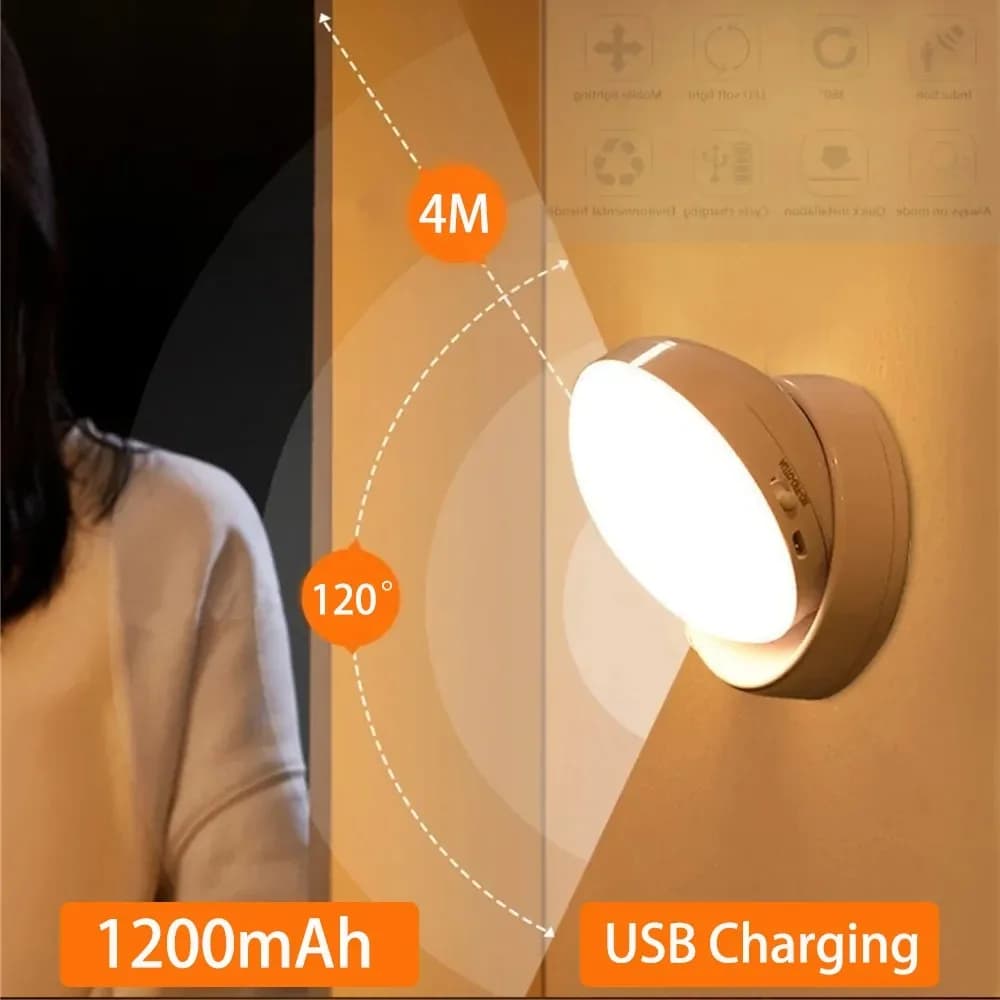 Luce notturna USB con sensore di movimento, ricaricabile, rotonda, a LED a risparmio energetico, per camera da letto, corridoio, bagno, luci da parete.