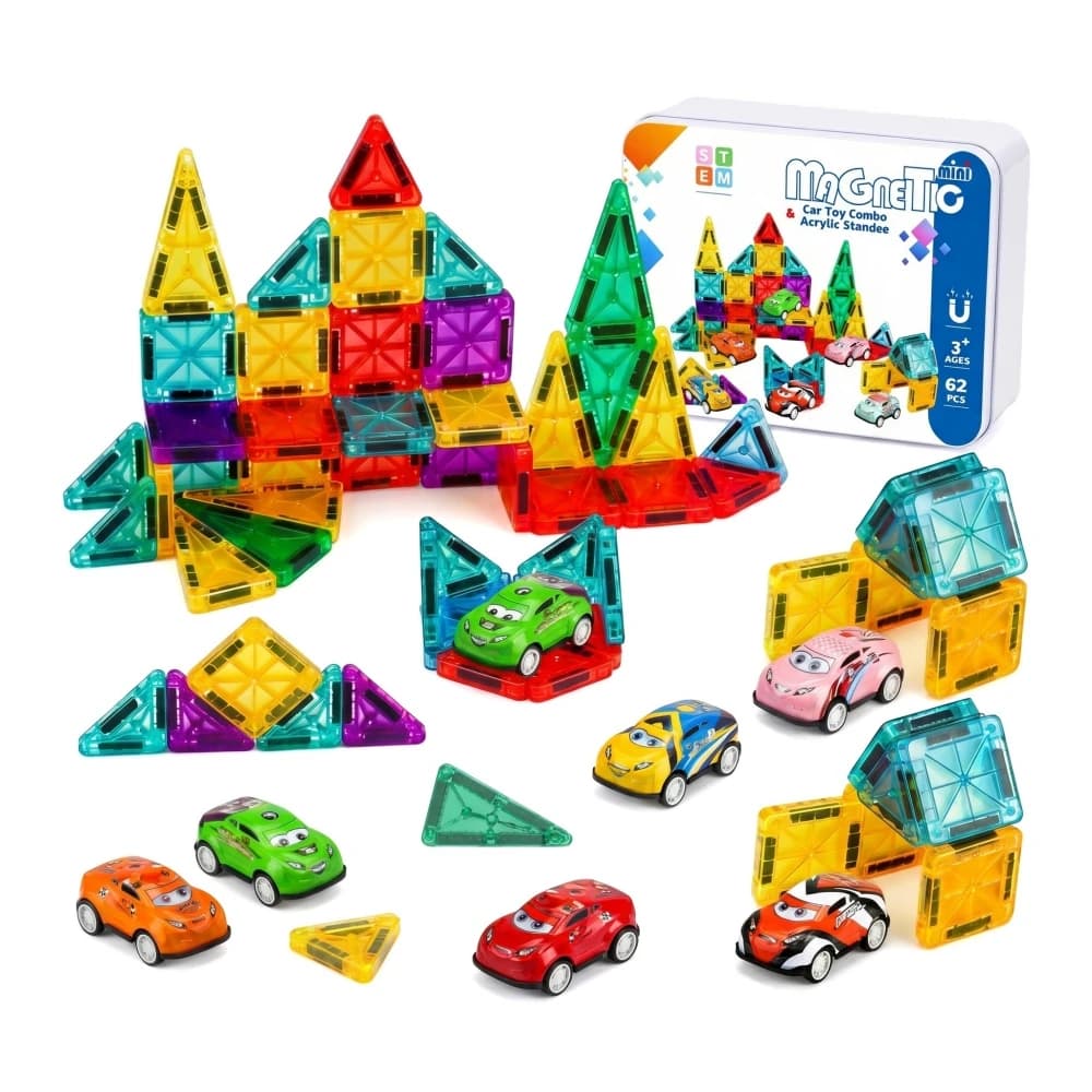 Set di 62 Mini Mattoncini Magnetici con Auto da Corsa, Giocattoli per Bambini, Regalo di Compleanno per Ragazzi, Scatola Portatile, Gioco Fai-da-Te