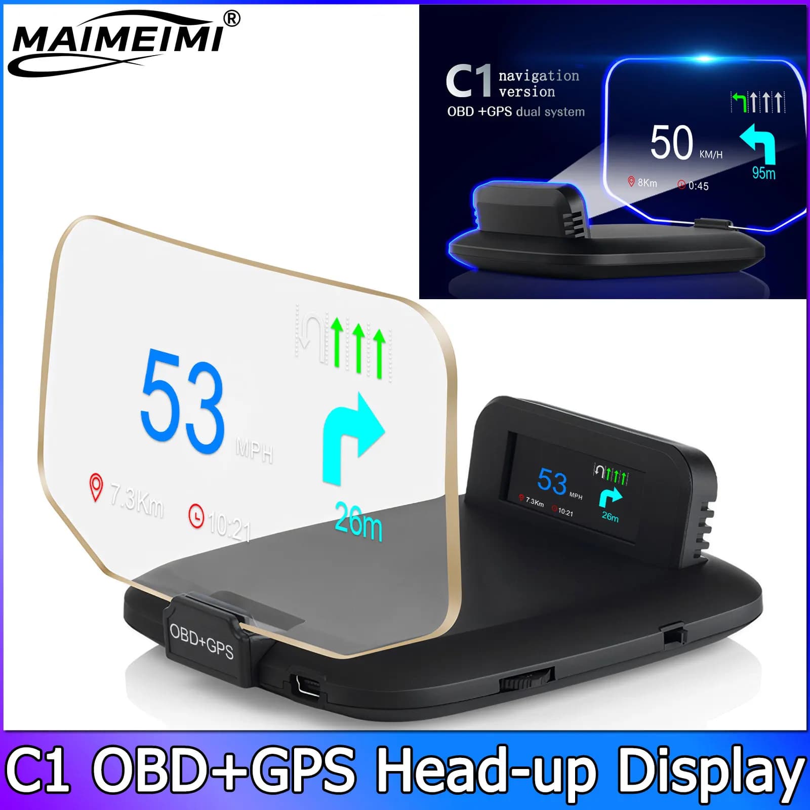 Proiezione di navigazione QC C1 Auto OBD2 + GPS HUD Head-Up Display Proiettore per auto Tachimetro Temperatura acqua Tensione RPM Allarme velocità