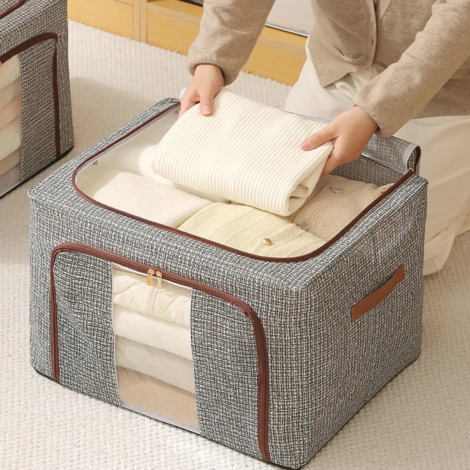 Contenitore pieghevole per vestiti, contenitore per coperte con cerniera e coperchio, contenitori per vestiti per guardaroba, piumoni, lenzuola, cuscini, giocattoli