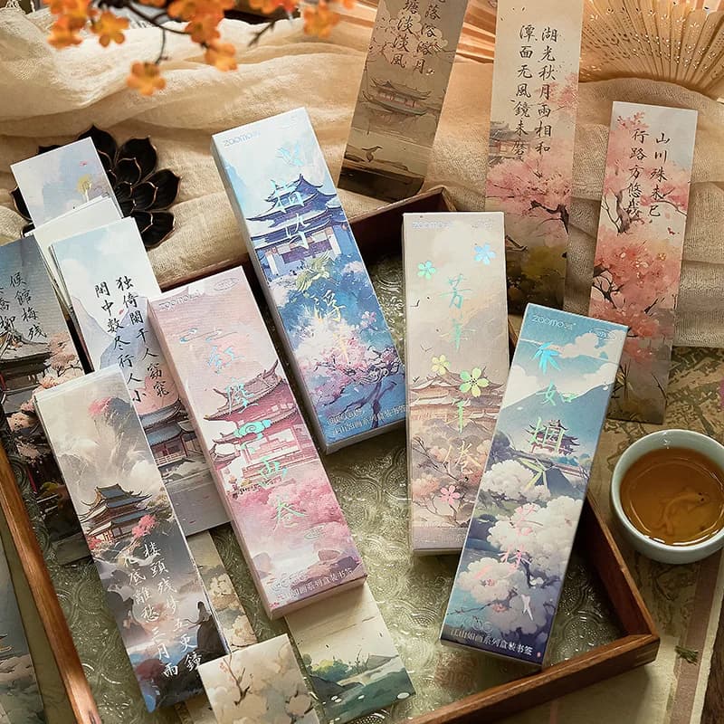 30-Sheet Chinese-Style Poetry & Painting Bookmarks, Classic Verse with Traditional Art (Landscape, Flower) for Reading