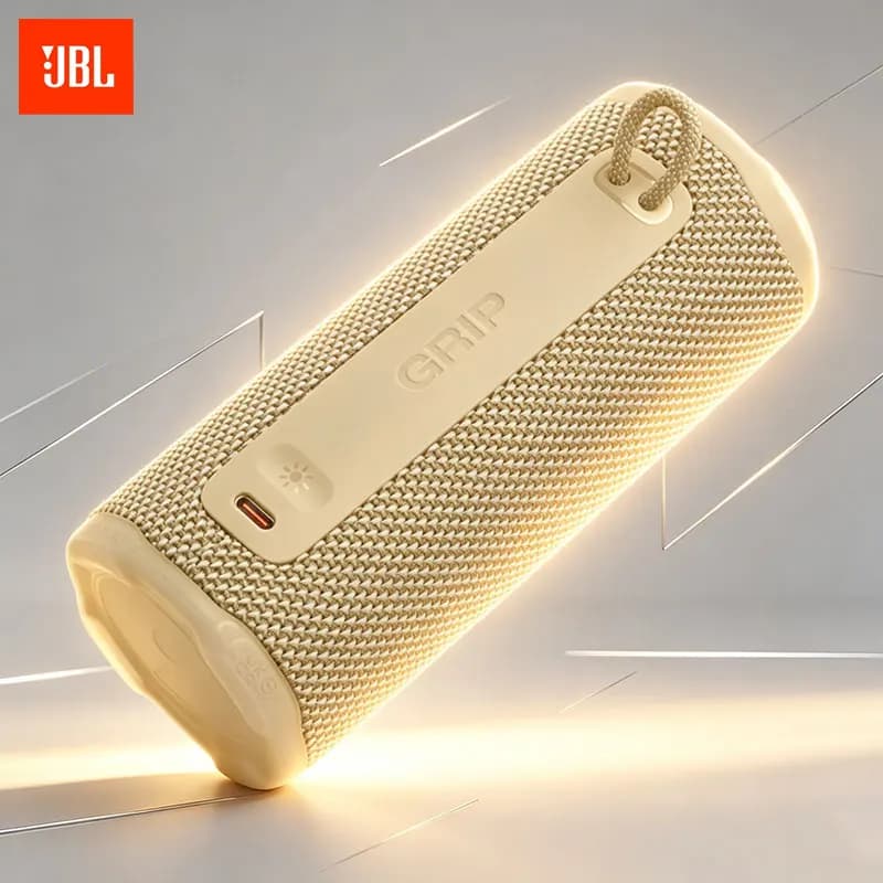 Altoparlante JBL Grip a lunga portata alimentato a batteria con 24 ore di riproduzione. Senza fili e portatile per viaggi all'aperto e campeggio.