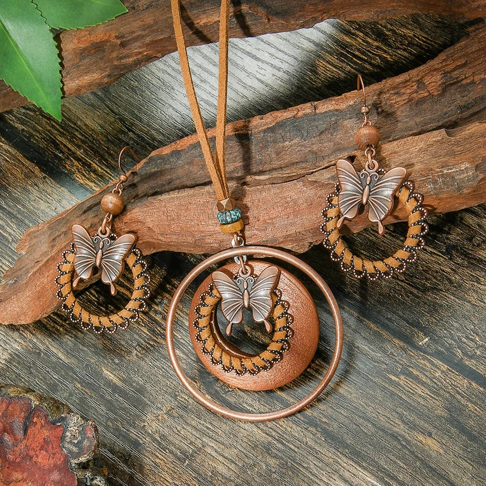 Set di gioielli vintage con farfalla, ciondolo, collana a doppio strato, stile log, avvolgimento fatto a mano, catena per maglione in pelle PU, regali da indossare ogni giorno