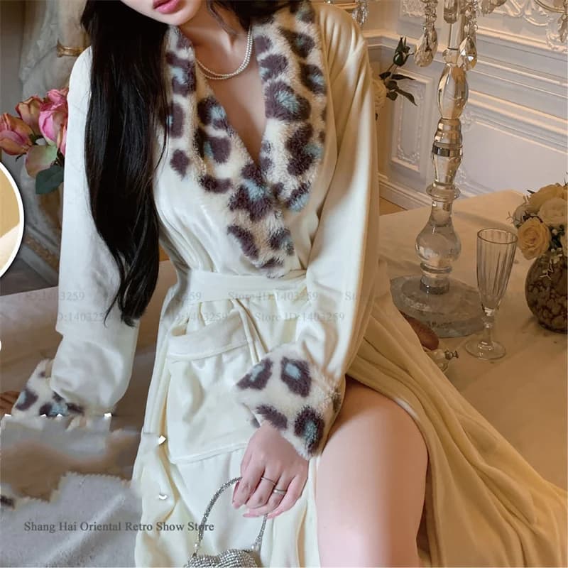 Abito lungo leopardato sexy Abito da casa da donna Autunno Inverno Isola Velluto Indumenti da notte caldi Kimono Accappatoio Abito ampio casual da salotto