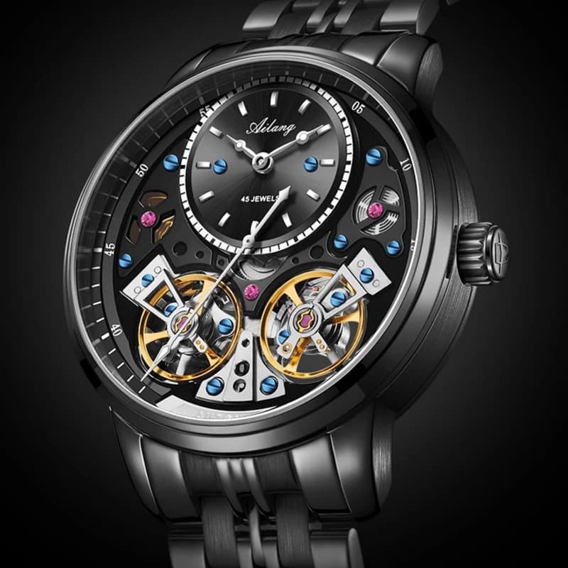 AILANG nuovissimo orologio da uomo con doppio tourbillon di lusso, cinturino in acciaio inossidabile, orologi meccanici di moda impermeabili da uomo