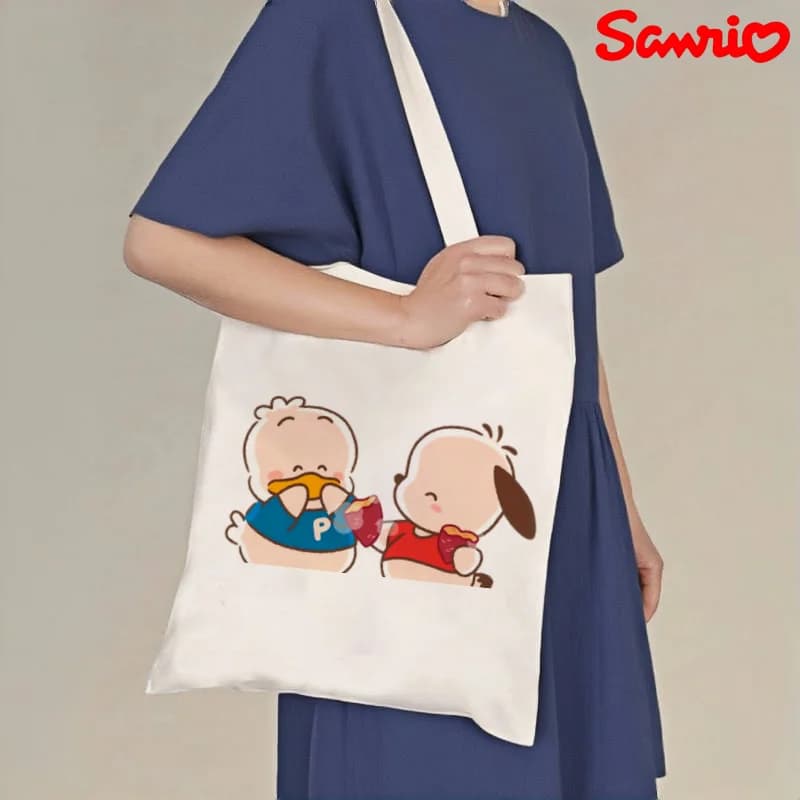 Borsa tote in tela Sanrio Pekkle & Pochacco, shopper casual riutilizzabile da indossare a spalla
