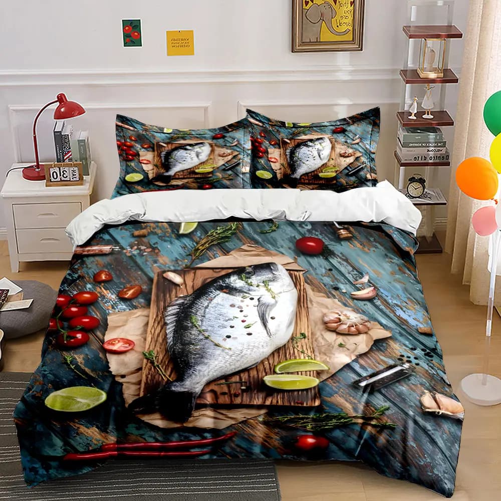Fresh fish with seasoning ingredients Duvet Cover Set with 3D Printing Design Soft Polyester Bedding Set All-Season Comfort