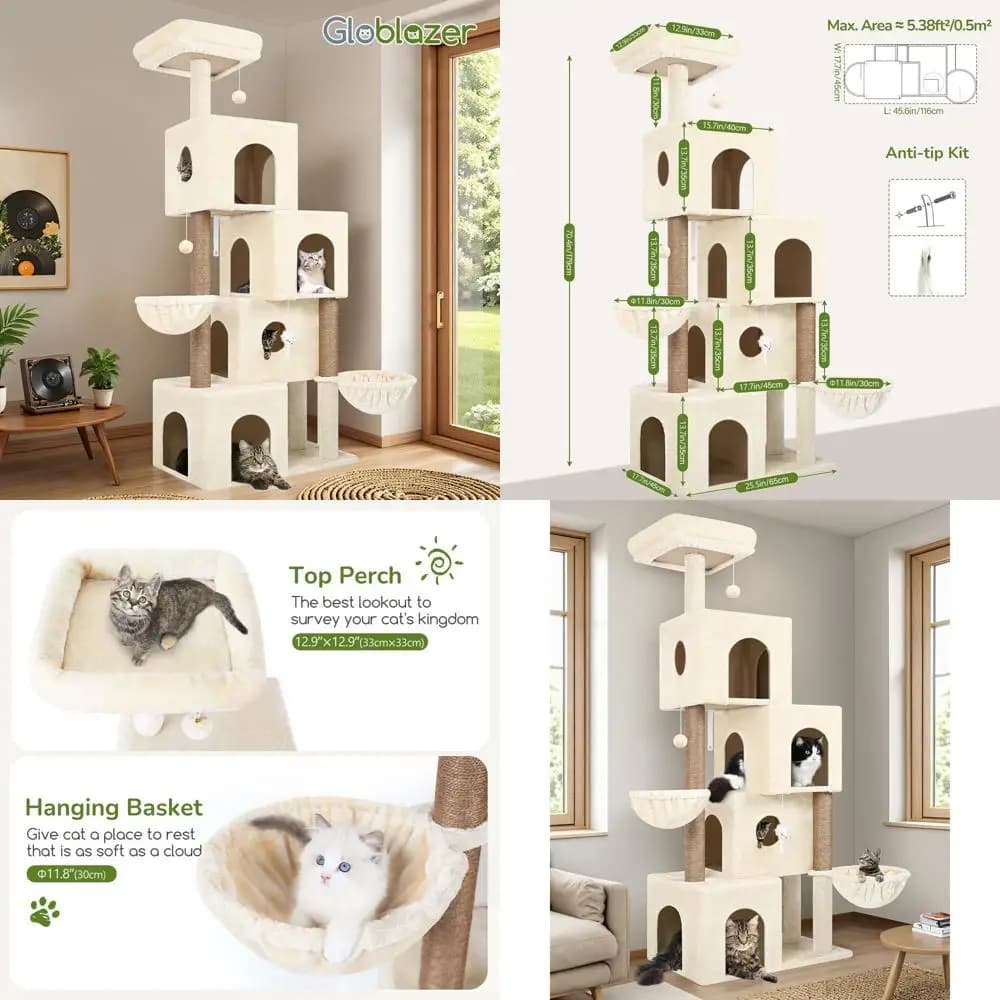 Albero per Gatti Alto 70 Pollici con 4 Cuccette, 3 Tiragraffi, Cesti Regolabili, Top in Peluche - Beige