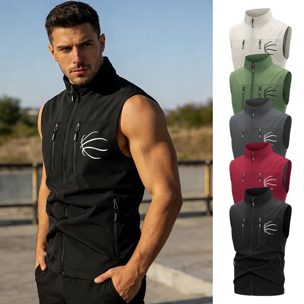 Men's vest with Zip, Summer, Casual, Windproof, with Print in Motivo Basket, High Collar, for Camping and Fishing in Open, Without Sleeves