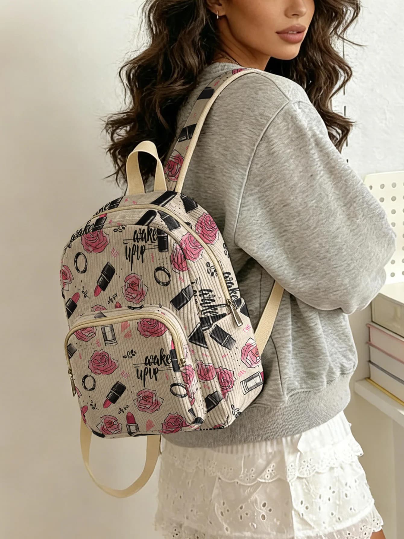 Rose Lipstick Print Allover Women Fashion Backpack Corduroy Multi-pocket Large Capacity Commuter Bag