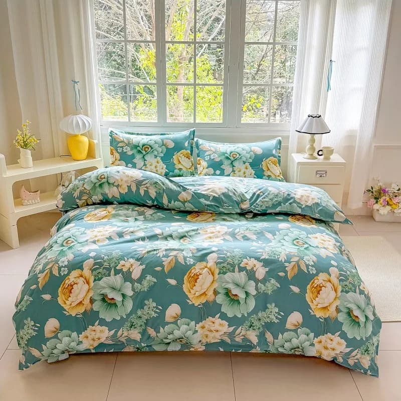 Set di biancheria da letto floreale verde acqua da 4 pezzi, biancheria da letto morbida e traspirante con copripiumino, federe e lenzuolo, misura Full/Queen/King
