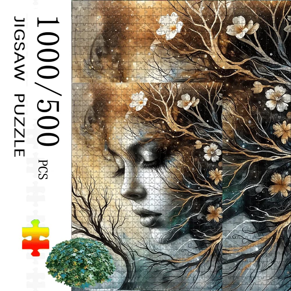 1000/500 pezzi - Puzzle ispirato con fiori di ciliegio e faccia di donna - Grande rompicapo per adulti, notte di giochi per famiglie, decorazioni per la casa fai da te,
