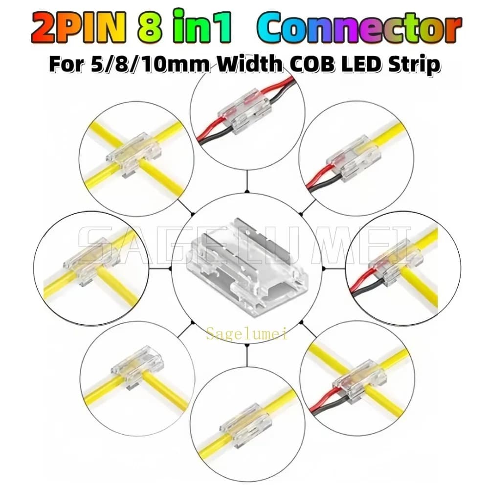 Connettore per striscia LED COB 8 in 1 a 2 pin Scheda a forma di L/T/X a filo/filo a filo Per striscia luminosa a LED PCB larghezza 5/8/10mm 5/10/30/50 pezzi
