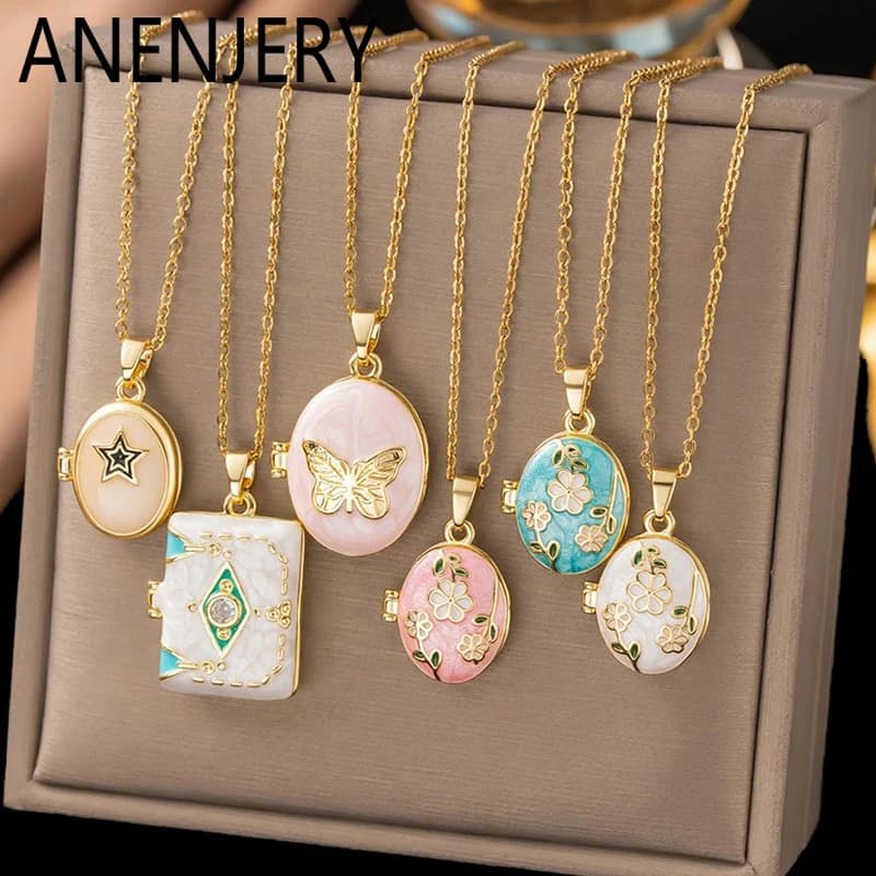 ANENJERY 316L Stainless Steel Flower Butterfly Star Oval Geometry Pendantt Necklace For Women Temperament Jewelry Gift Wholesale