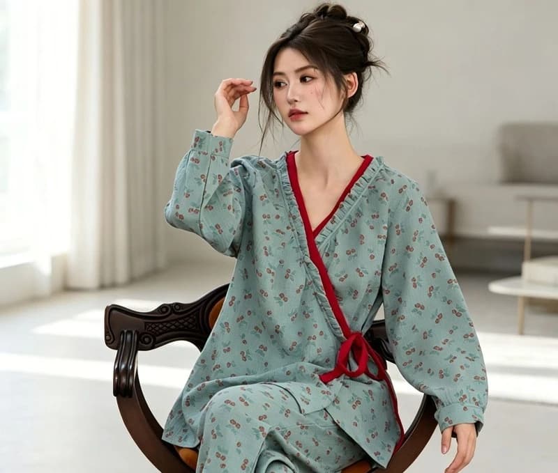 Spring Autumn Women 2Pcs Kimono Pajamas, Retro Printed Cotton Double-Layer Gauze Long Sleeve Trousers Loungewear Sleepwear