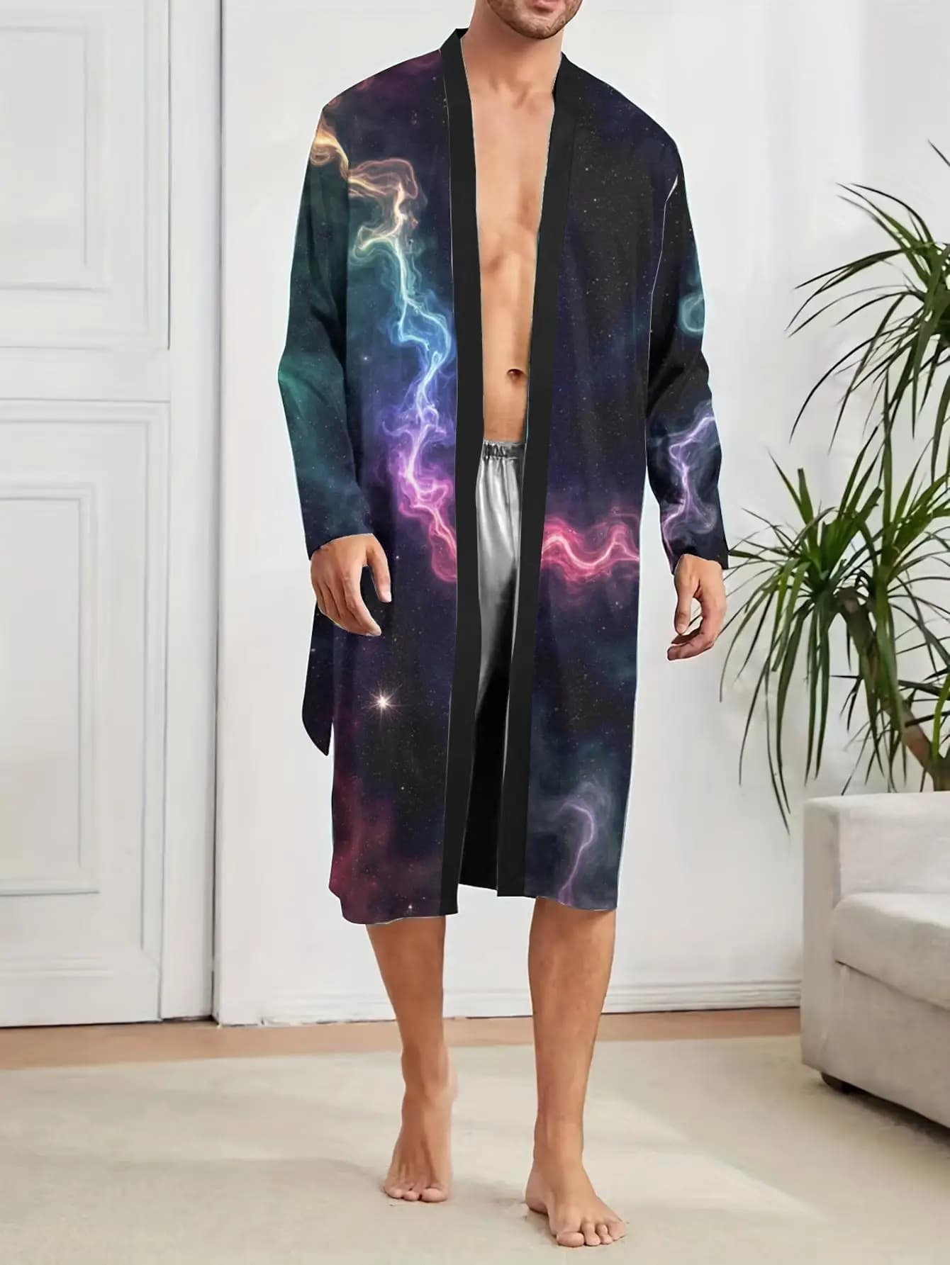 1 Pezzo Vestaglia da Uomo Primavera/Estate 2026 in Poliestere, Vestaglia Lunga, Accappatoio da Doccia, Pigiama da Uomo con Stampa Grafica 3D