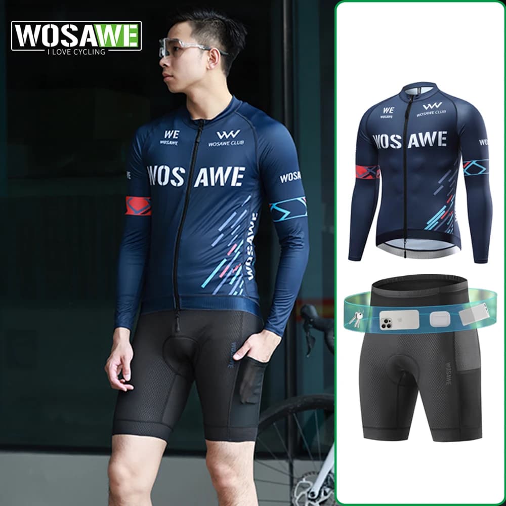 WOSAWE Maglia da ciclismo da uomo Set Camicie a maniche lunghe Multi-tasche Pantaloncini Pantaloni Ropa Ciclismo MTB Kit bici da strada Abbigliamento da bicicletta
