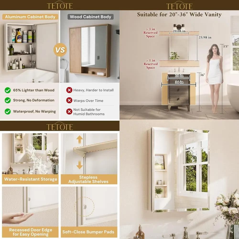 Specchio da bagno in vetro temperato da incasso/a parete 20x26 con vano portaoggetti e ripiani regolabili