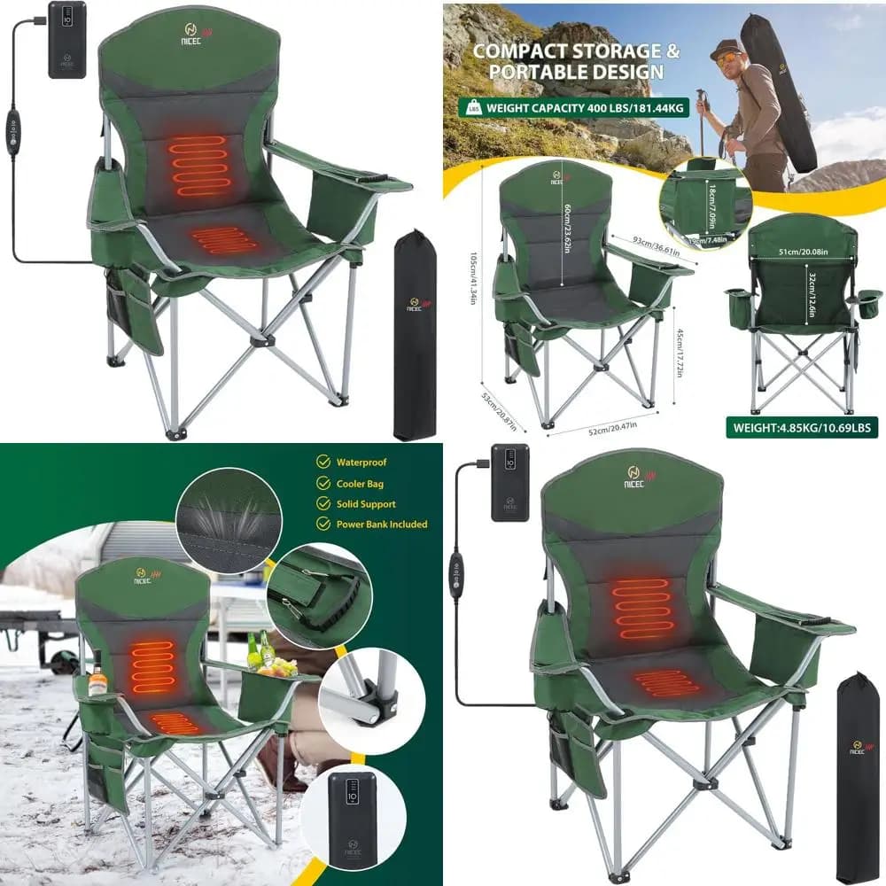 Portable Heated Camping Chair with Beverages, Transport Bag and Power Bank 10000mAh (Green and Grey)