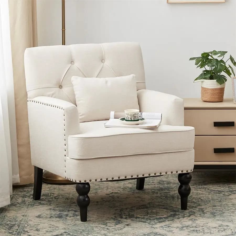 Poltrona Club Trapuntata, Sedia Decorativa con Cuscino Lombare, Poltrona Imbottita con Bottoni, Sedie in Tessuto di Lino per Camera da Letto, Soggiorno