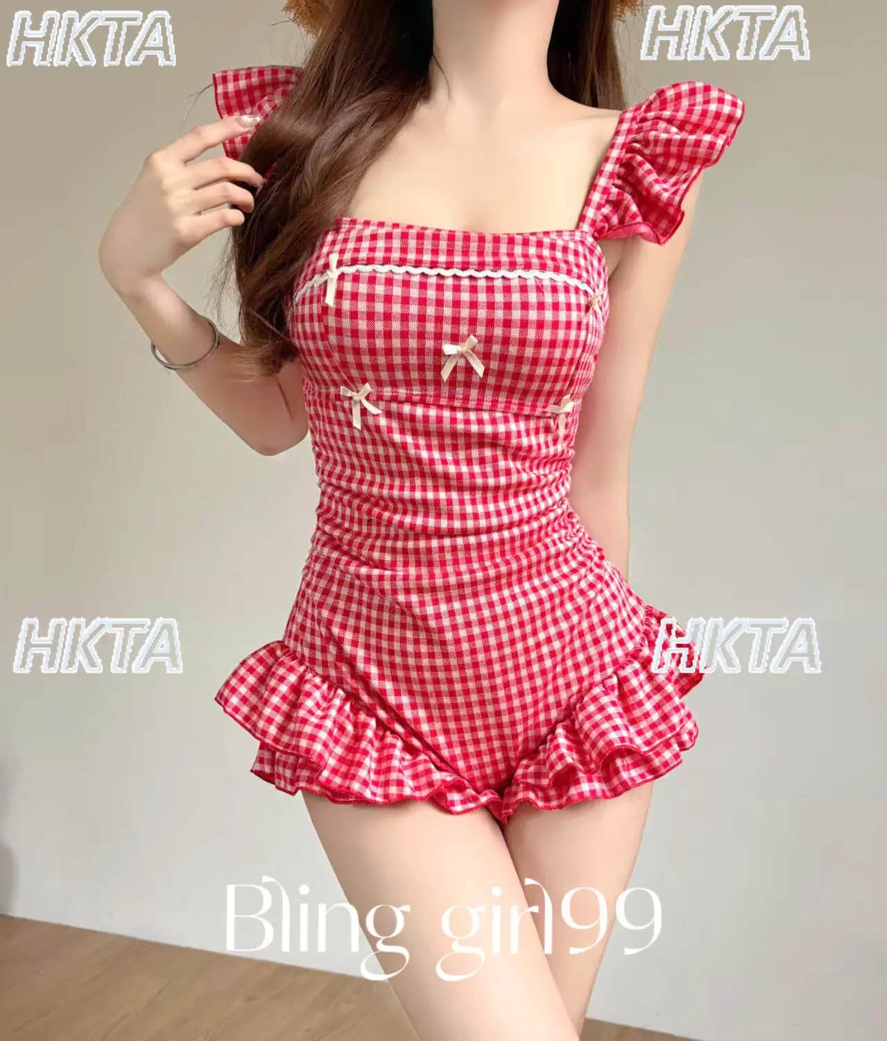 Costume da bagno intero da donna, stile Lolita, con motivo scozzese, bordo arricciato, maniche a volant, scollo quadrato e fiocco sottile, casual da spiaggia, Nuovo Estate 2026