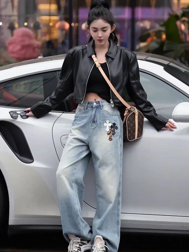American Style Heavyweight Cross Stitched High Waist Straight Leg Denim Jeans Women's Loose Wide Leg Pants Long Trousers