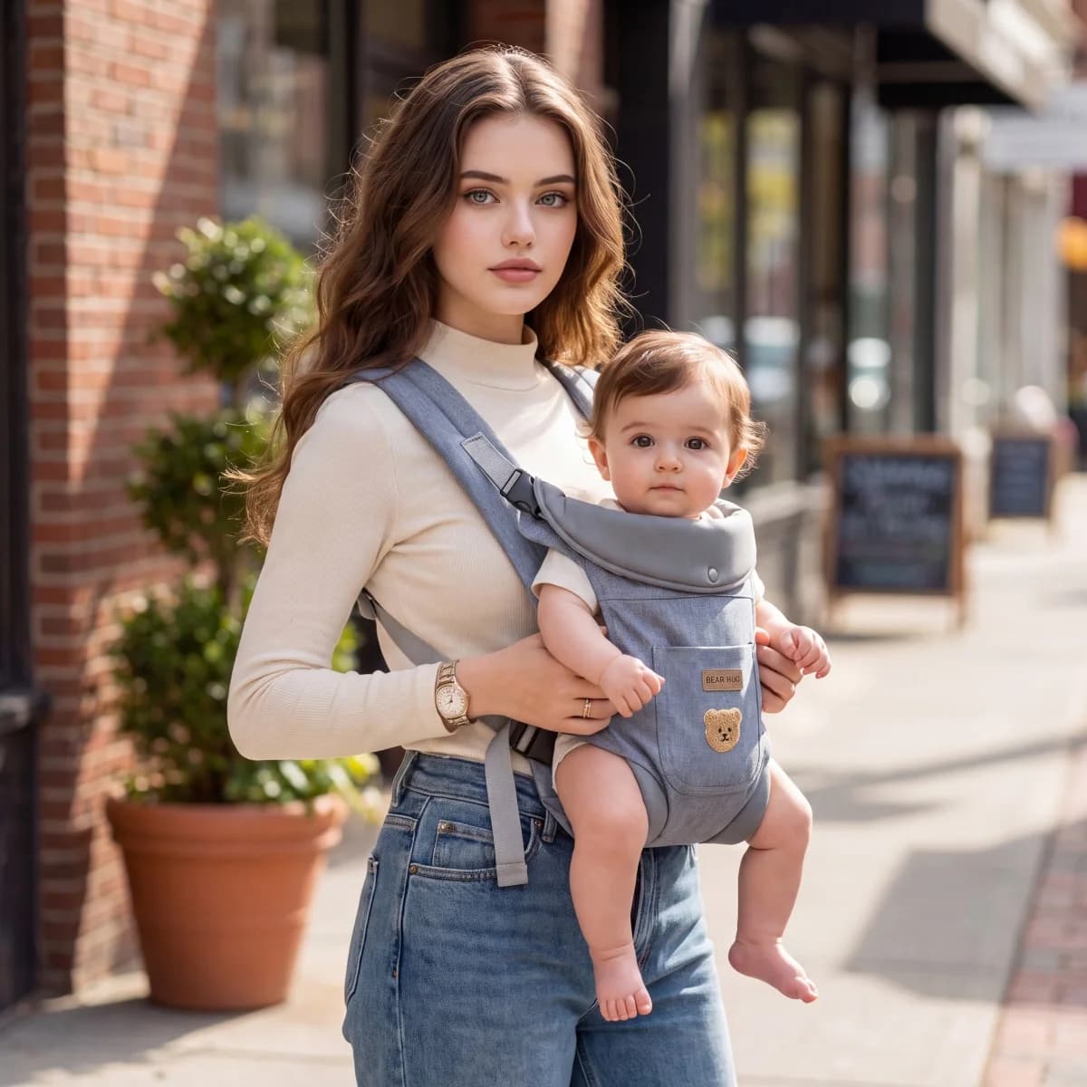 Bear Patch Baby Carrier with Hip‑Seat, Soft Linen‑Look Infant Sling, Adjustable Padded Multi‑Position Hands‑Free Baby Holder for