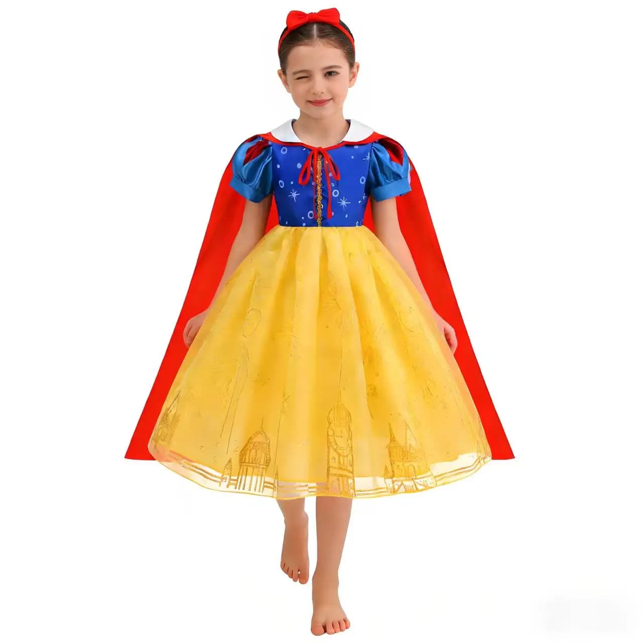 Abito da festa per ragazza del film Disney Biancaneve, abito da principessa Biancaneve per ragazza, cosplay, abito stampato a maniche corte con mantello