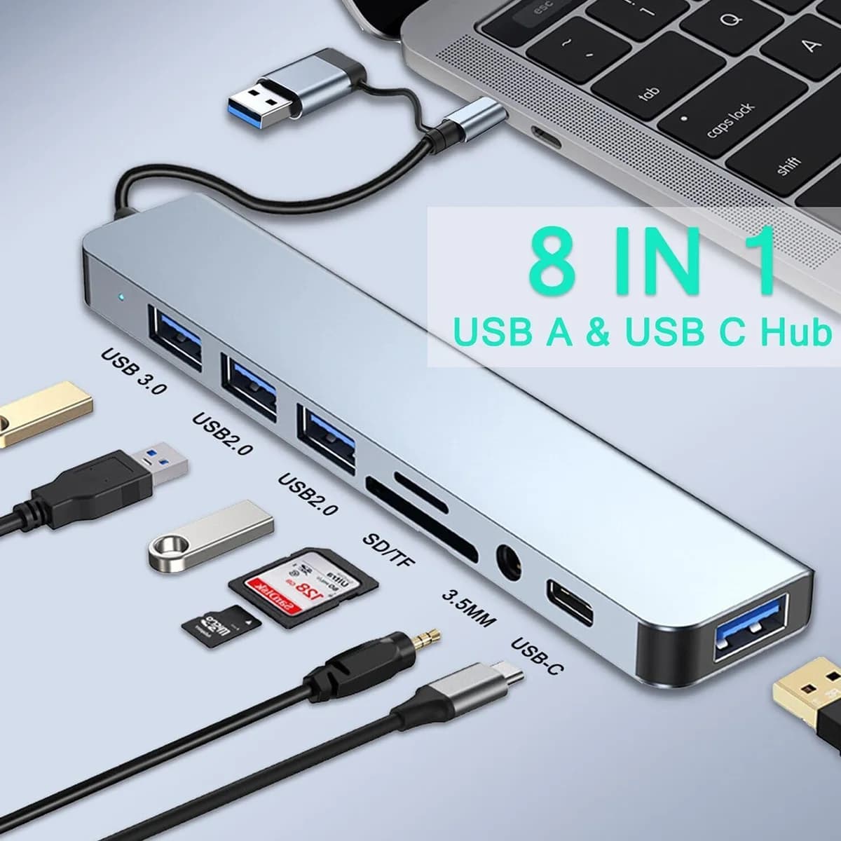 Hub USB 3.0 a 8 Porte, Splitter 5Gbps USB A e Tipo C, Adattatore Multiporta per MacBook, iPad, Laptop, PC Desktop