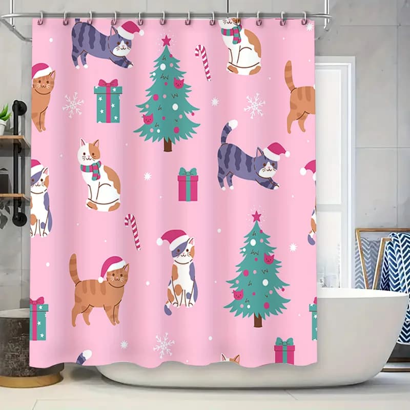 Nuova serie natalizia Cat Print Tenda da doccia Impermeabile Decorazioni per il bagno Decorazione per la casa Rosa 180x180 cm (Rosa)