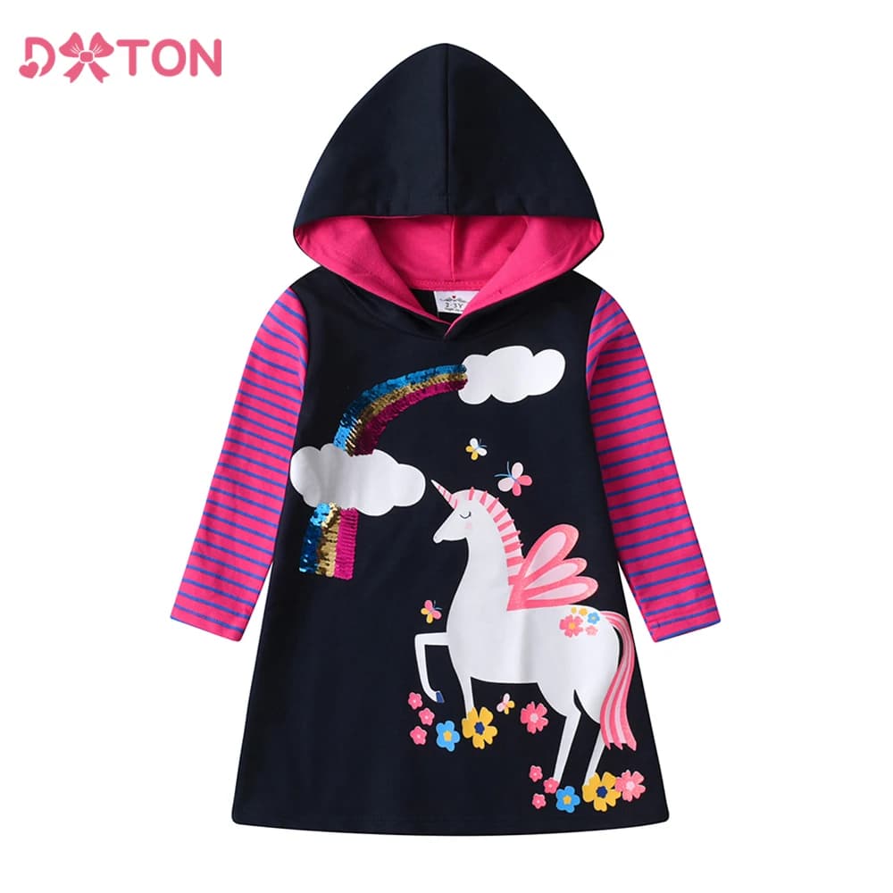 DXTON Felpe con cappuccio per bambini in cotone invernale Abito a righe Abbigliamento per bambini Paillettes Arcobaleno Neonate Abito con cappuccio Cartoon Girls Abbigliamento casual