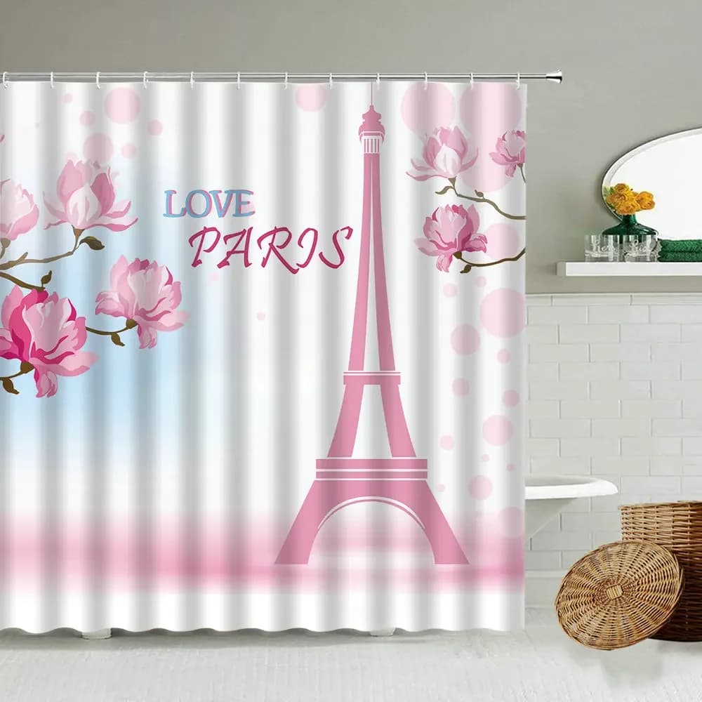 Romantic Paris Shower Curtains Rose Cherry Blossom Eiffel Tower Shower Curtain Literary Style Waterproof Fabric Bathtub Screen