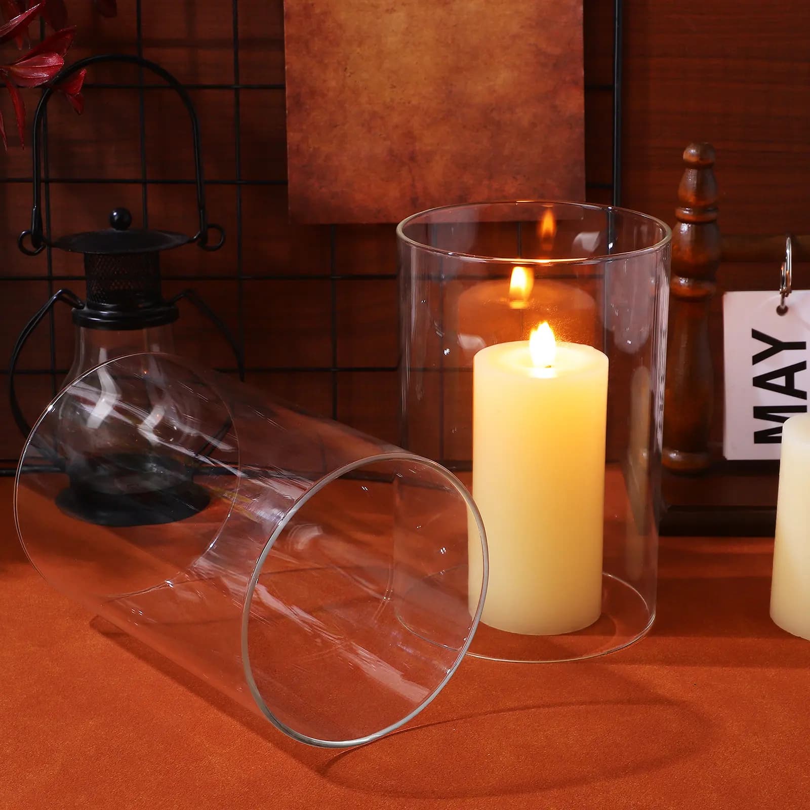 2 Pieces Glass Covers Thickness in Cylinder Shape, Windproof, Transparent, for Pillar Candles, Home Decoration, Flame Booster