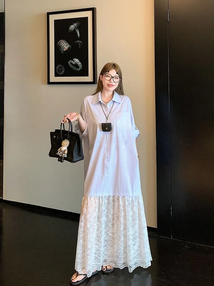 Luu Cherry Girl Lace A-Line Shirt Dress Women Summer Loose Long Design Sense Skirts Commute Korean Style Patchwork Dress