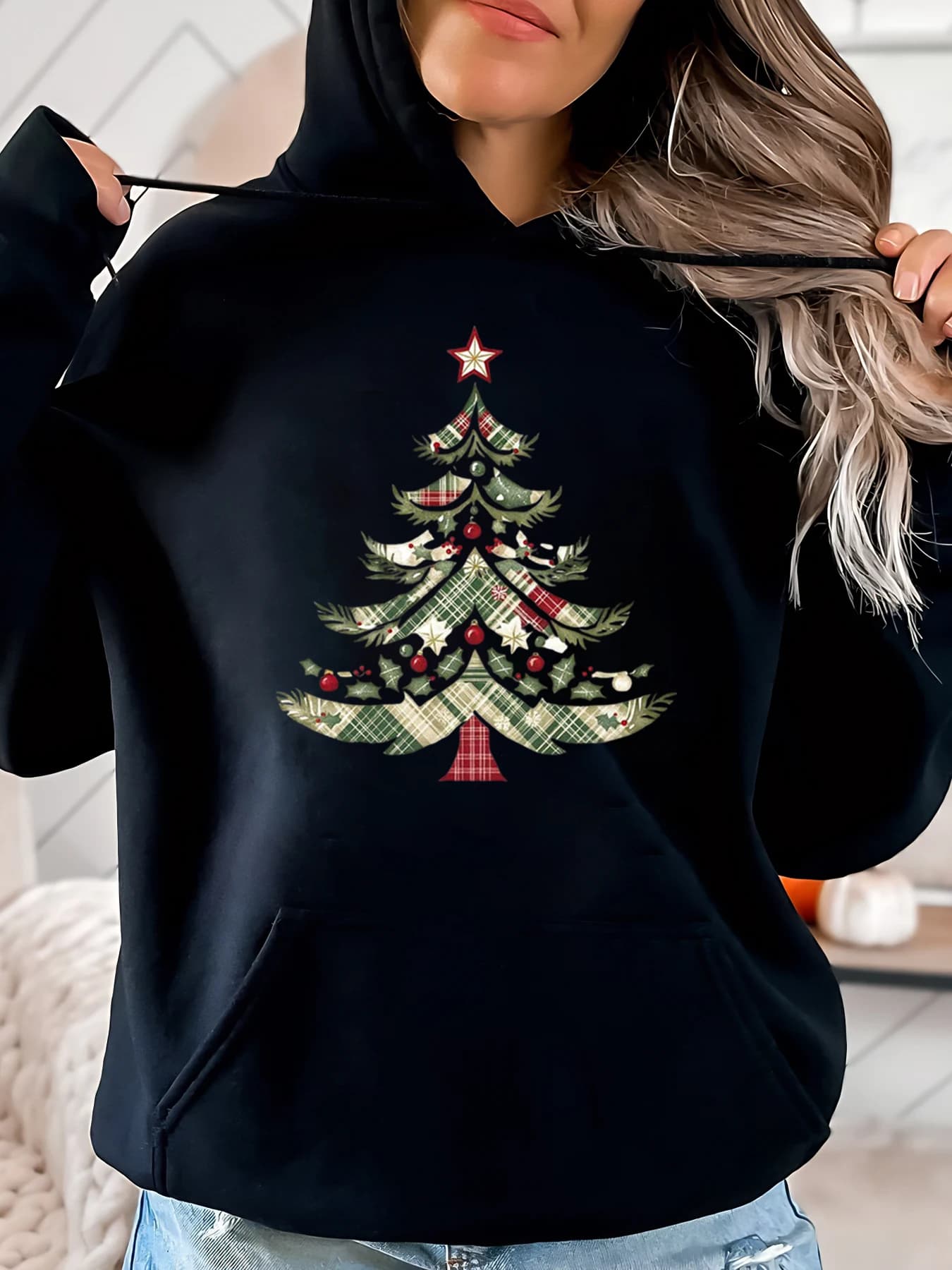 Holiday hoodie with Scottish Christmas tree print Women casual outfit Black Plus size