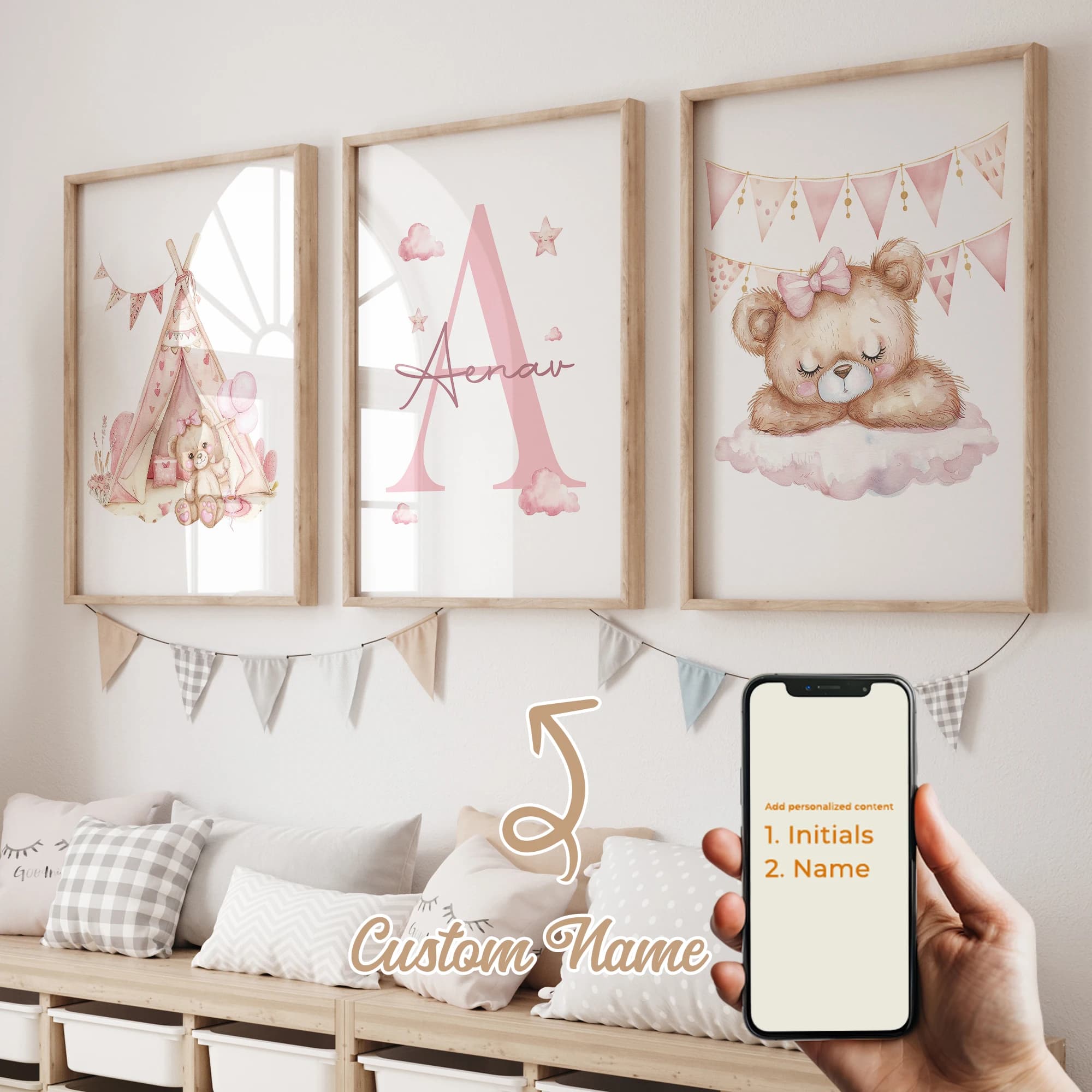 3pcs Personalized Custom Name Cartoon Pink Bear Wall Art Print Picture Canvas Painting For Living Child Room Home Decor