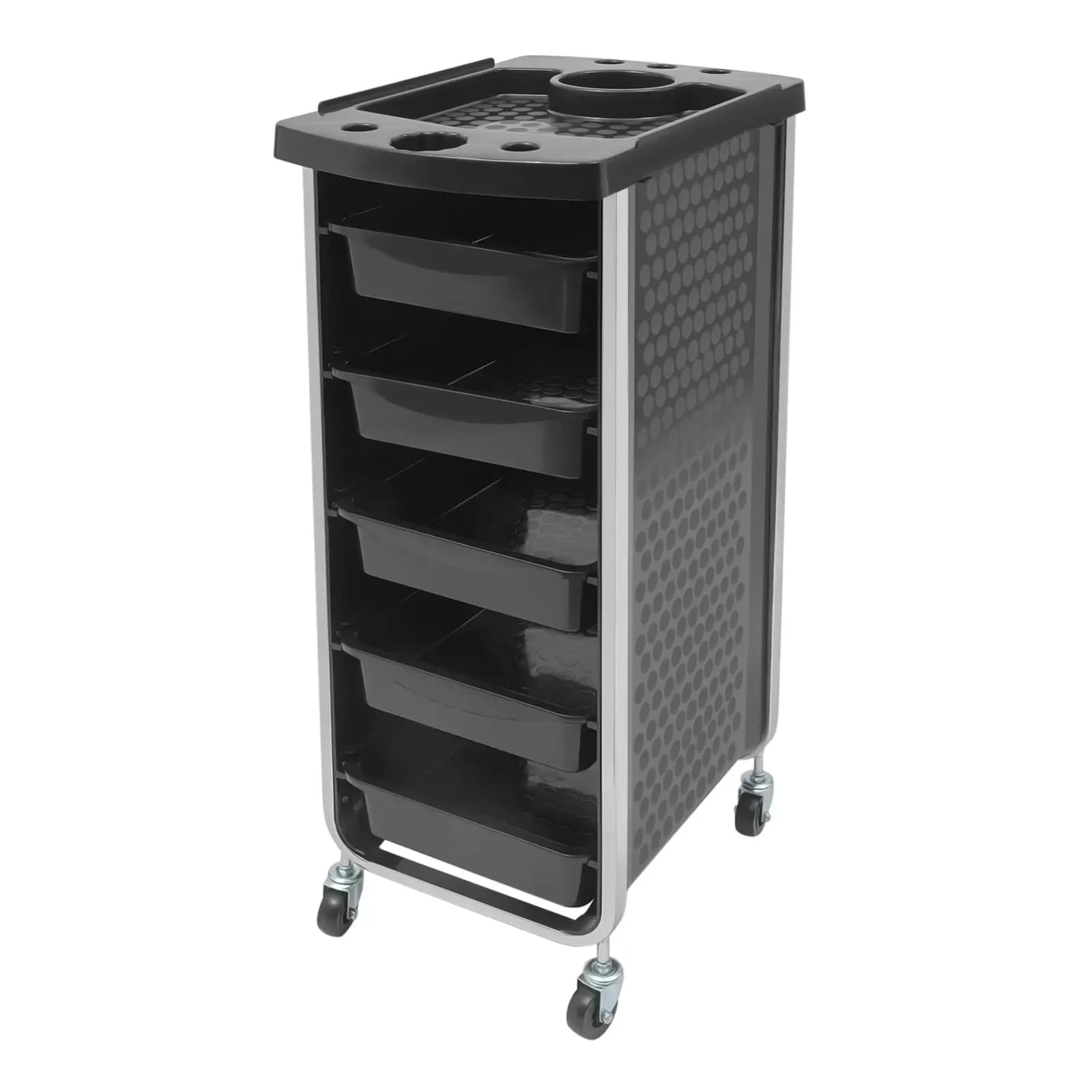 % un carrello da salone con 5 cassetti e supporto per asciugatrice, supporto portaoggetti per parrucchiere, bellezza, nero
