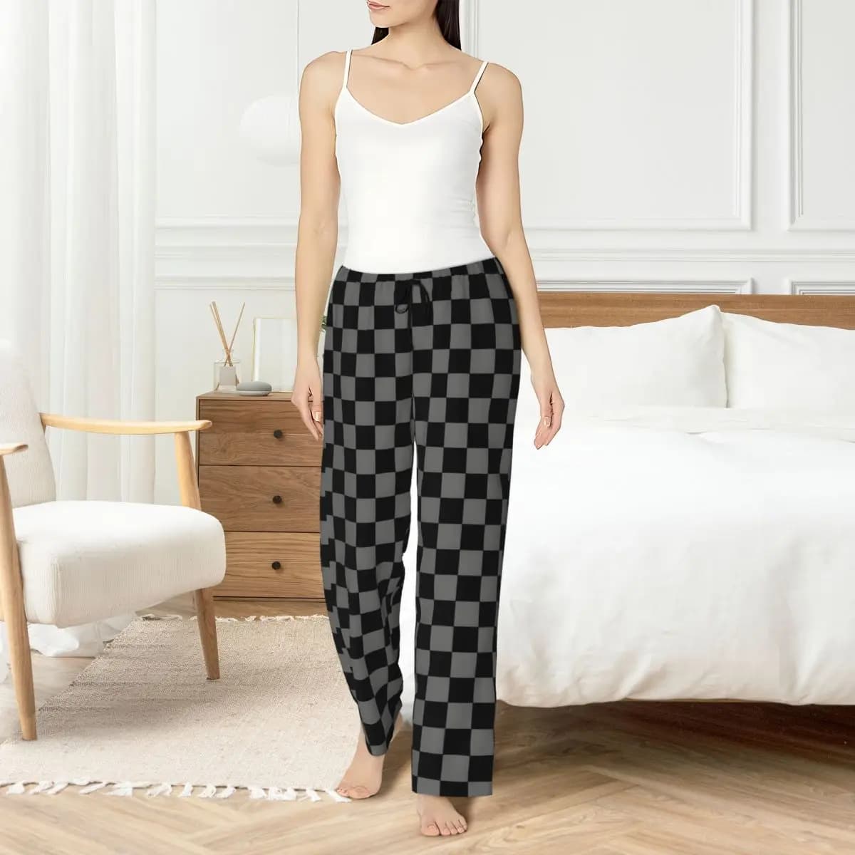 Pantaloni da pigiama a quadretti personalizzati Indumenti da notte Cintura elastica da donna Pantaloni da notte grigi e neri con tasche
