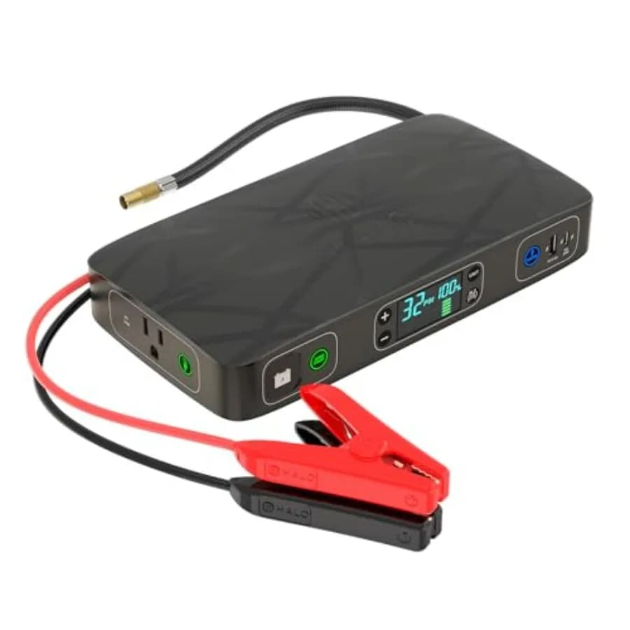 Avviatore di Emergenza Portatile per Auto con Compressore d'Aria 130 PSI, Power Bank USB 55.5Wh e Presa AC, Caricatore con Torcia d'Emergenza
