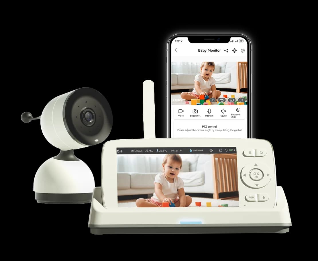 Temperatura dello schermo da 5 pollici HD 720p con rilevamento del suono del cromo Conversazione bidirezionale Videocamera per telefono wireless 2.4g Baby Monitor con app