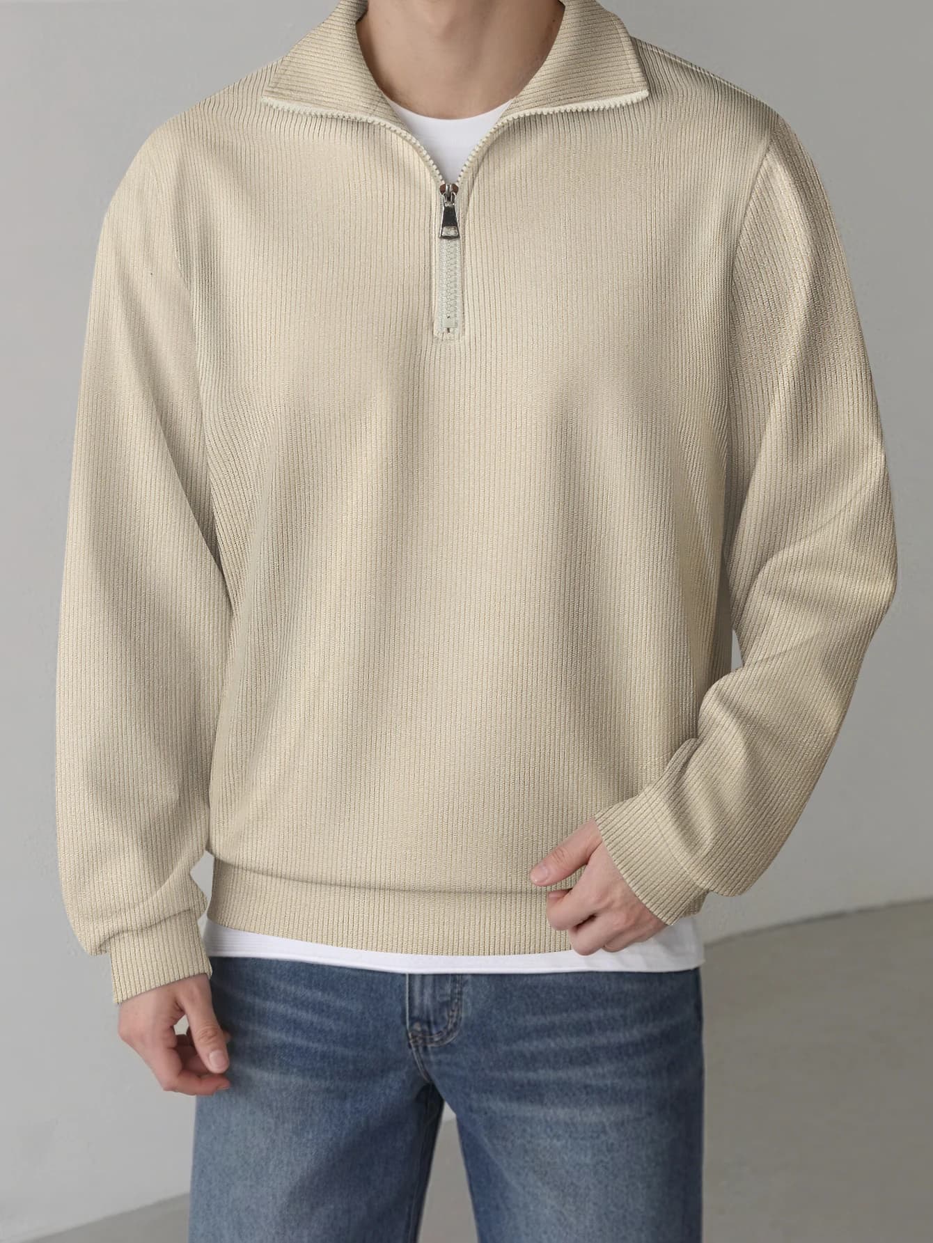 Cross border European and American men's corduroy half zipper casual sports long sleeved shirt