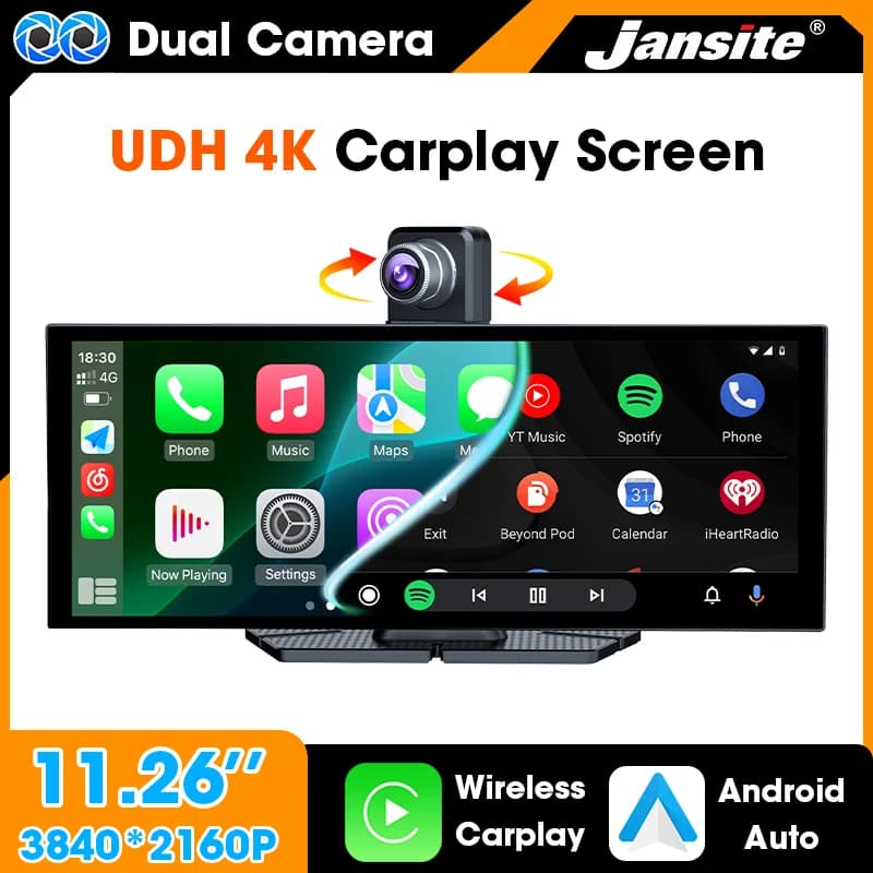 Jansite Dashcam 4K with Camera Posterior, Wireless Carplay Android Auto, Video Recorder DVR for Car, Monitoring Parking 24H, Black Box WIFI AUX