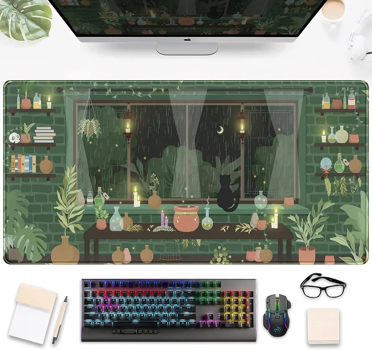 Nice desk mat with rainy green plants Anime Black Cat Kawaii Big game mouse pad Fireflies moonlight for home gifts