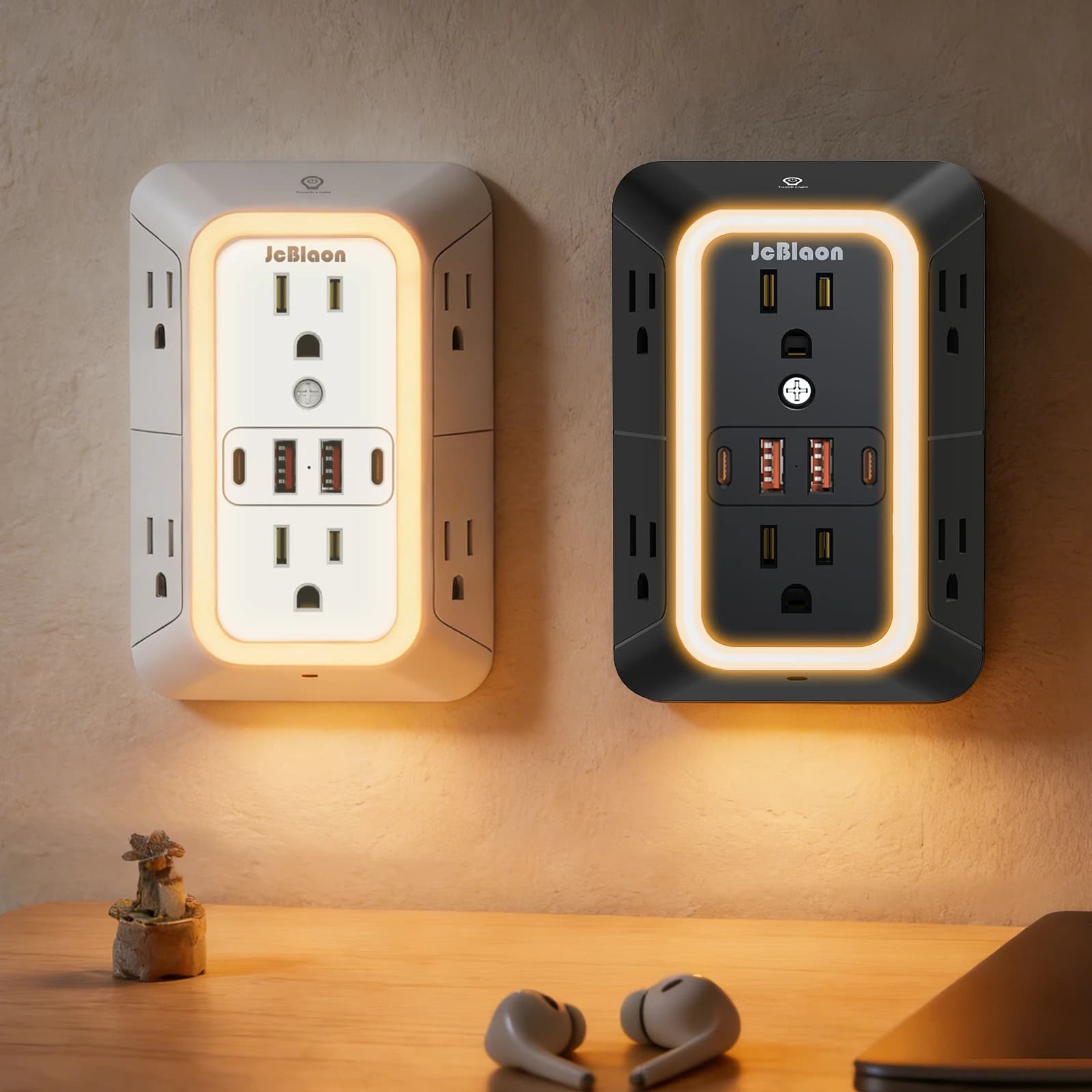 Presa Multipla a Muro con Luce Notturna, 6 Porte AC e 4 USB (2 Type C), Prese Universali Multifunzione a Muro