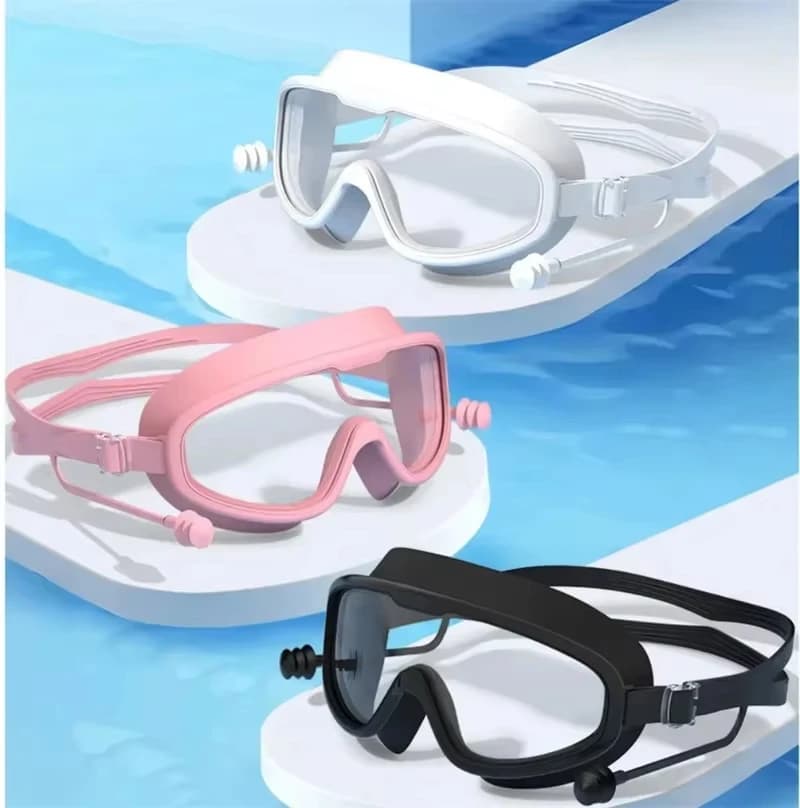 Adult owls with large frame, silicone swim glasses with integrated ear plugs, single-piece